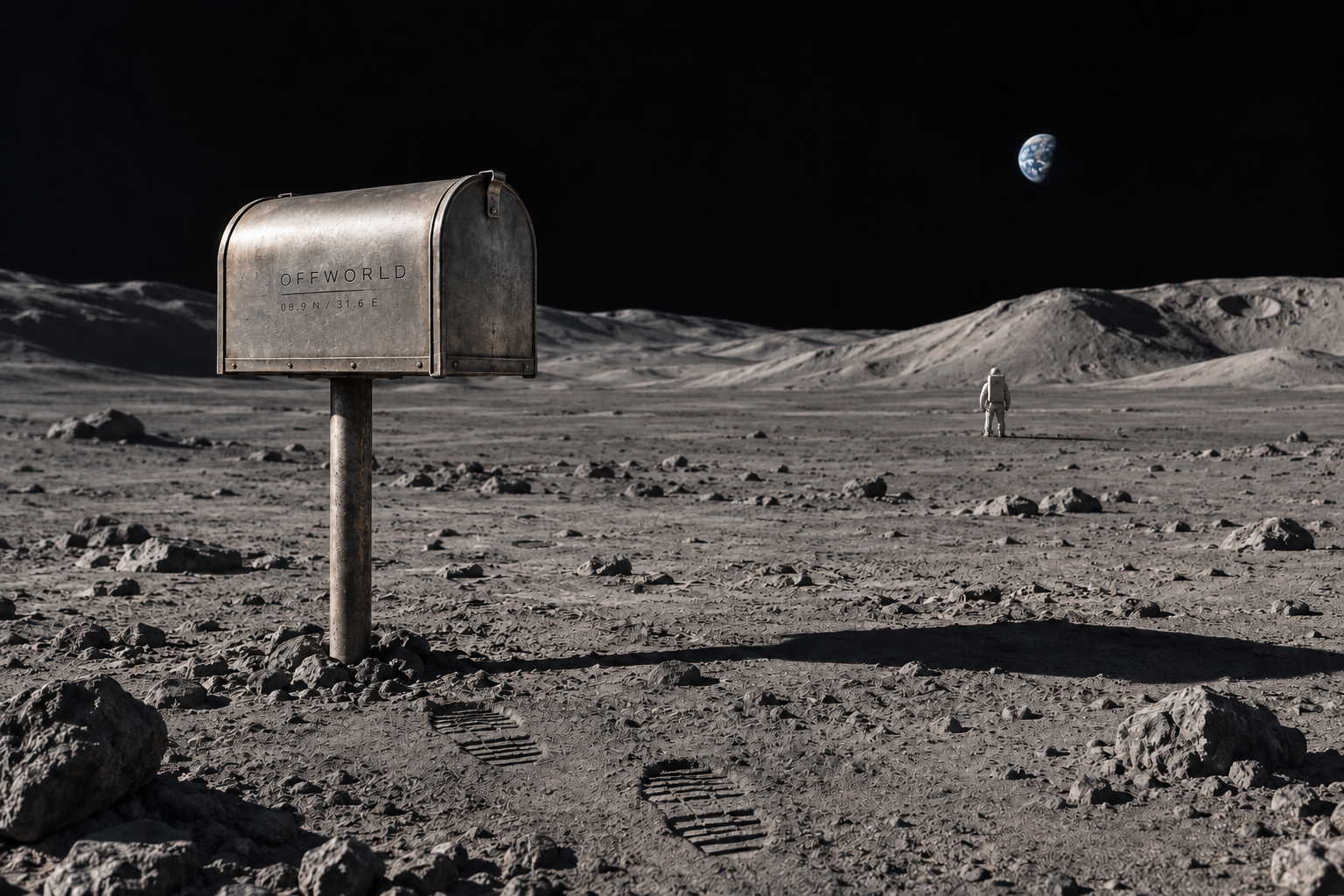 An OFFWORLD mailbox on the Moon, with a small astronaut looking towards Earth in the distance.